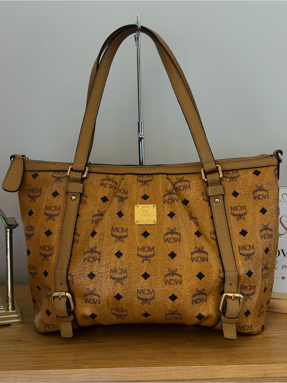 MCM Cognac Visetos Monogrammed Tote with Gold Plaque